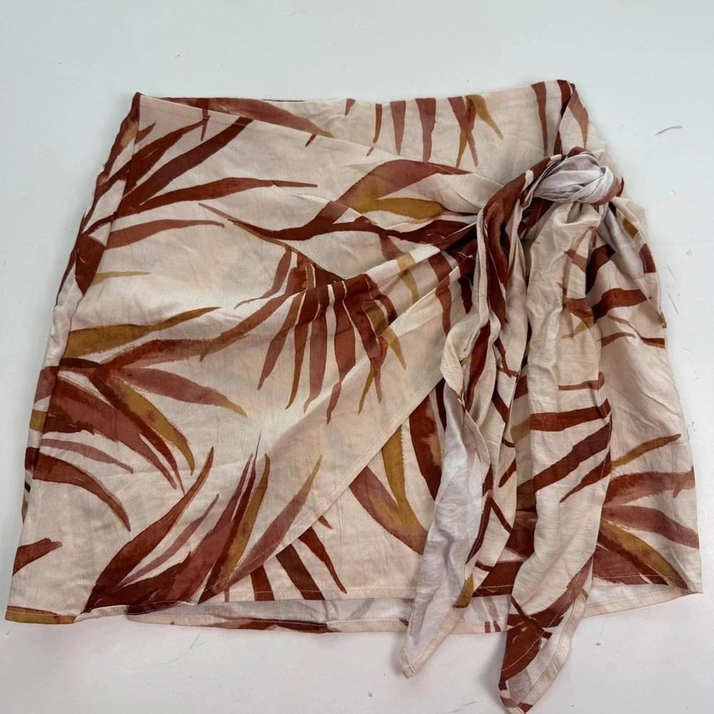 Tropical Palm Print Faux Wrap Mini Skirt Side Tie Cream Terracotta Large